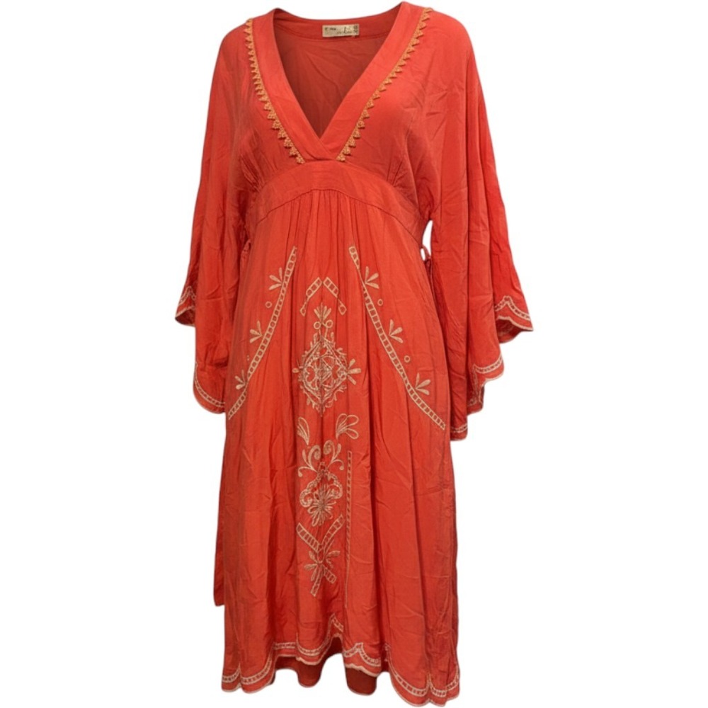 (A4) Trendology Women Small Coral Orange Embroidered Boho Bell Sleeve Mini Dress